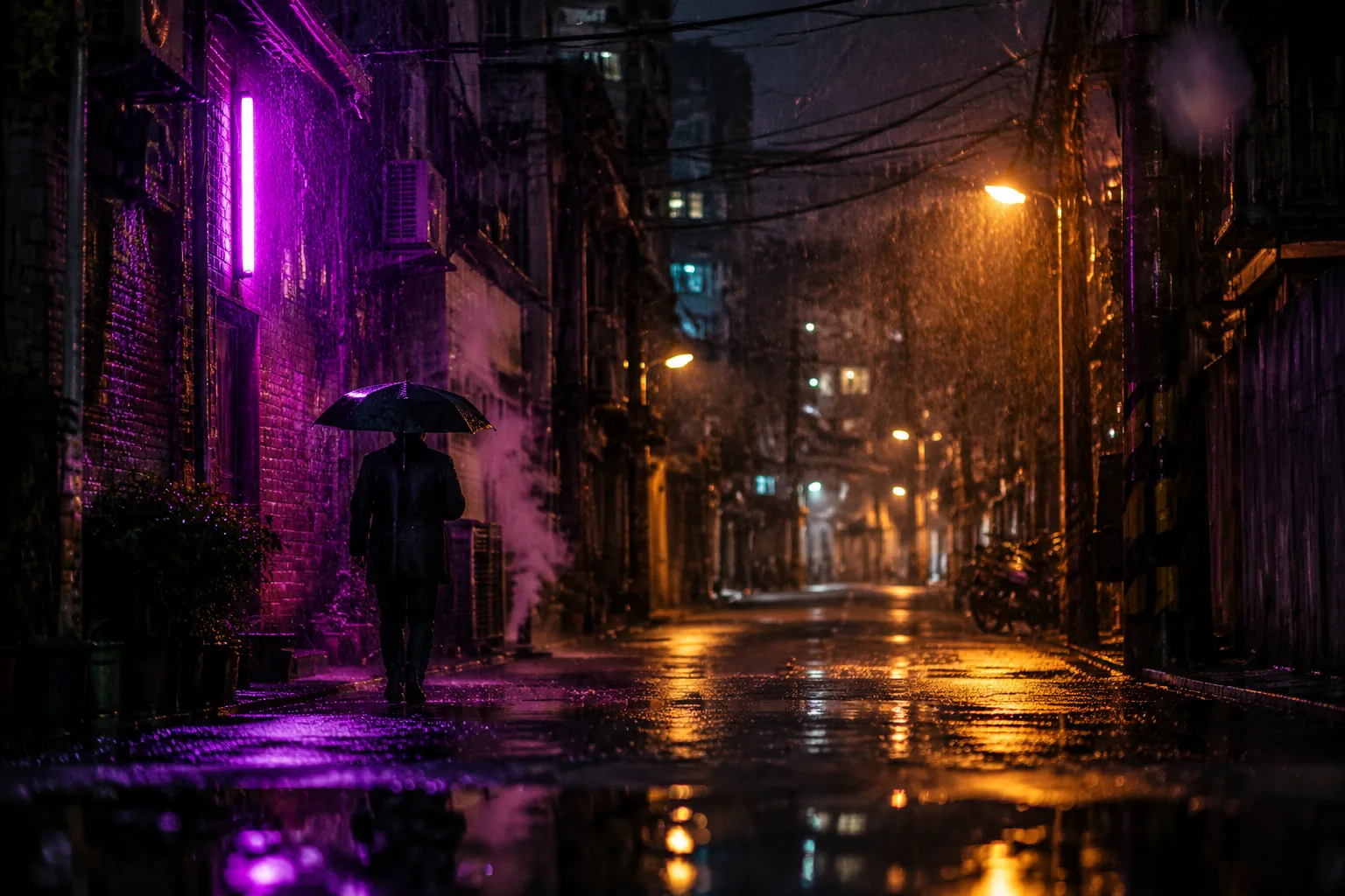 雨夜的窄巷，湿路面倒映着紫色霓虹与橙色路灯，一个撑黑伞的人背对镜头走远，井盖冒着蒸汽。