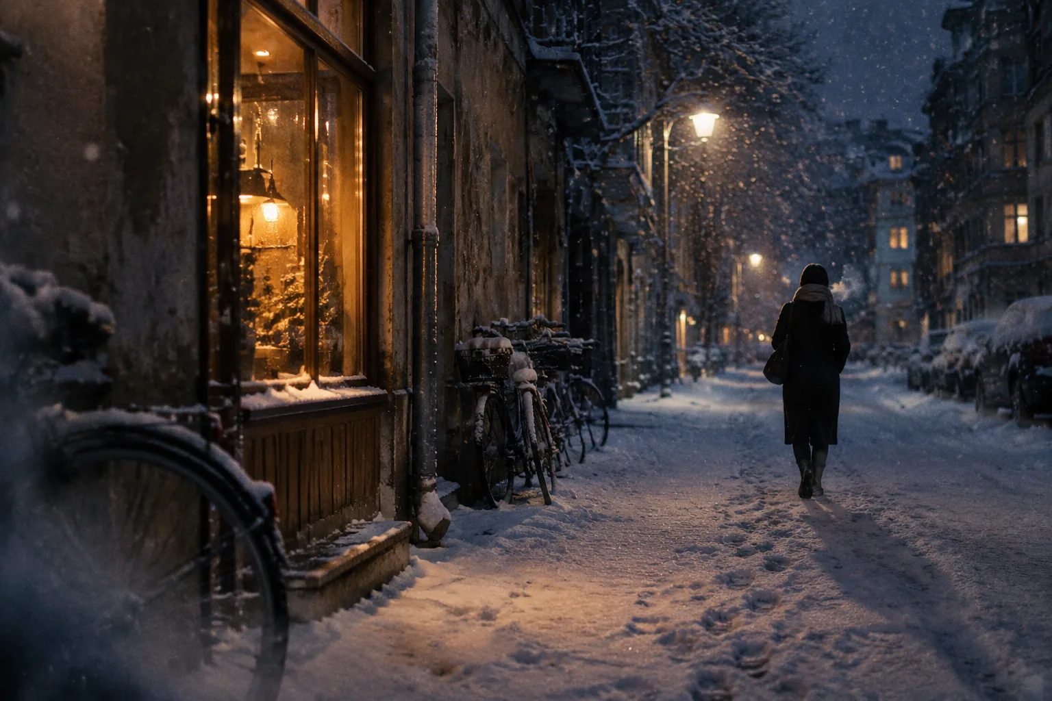 雪后的城市街道，路灯下飘着细雪，一个围巾裹紧的人背对镜头走远，橱窗透出暖光，路面反射着冷蓝。